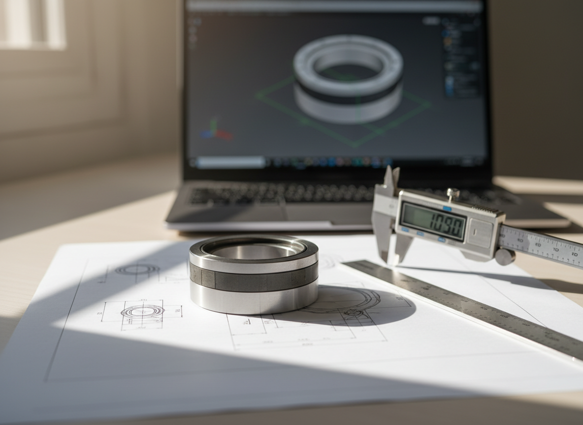 A minimalist engineering desk scene featuring a single, high-precision mechanical seal placed on top of a detailed technical drawing printed on crisp white paper. The seal’s metal and carbon faces are rendered in photographic realism, showing fine reflections and distinct textures. Next to it lies an open digital caliper and a slim, brushed-aluminum ruler, both perfectly aligned. Soft natural daylight from a nearby window washes across the desk, creating gentle shadows and a calm, focused atmosphere. The background shows a slightly blurred laptop displaying a CAD model of the same seal, reinforcing the engineering context. Shot from a slightly elevated, three-quarter angle with a shallow depth of field, the composition is balanced and uncluttered, projecting a sense of precision engineering, customization, and professional technical expertise.