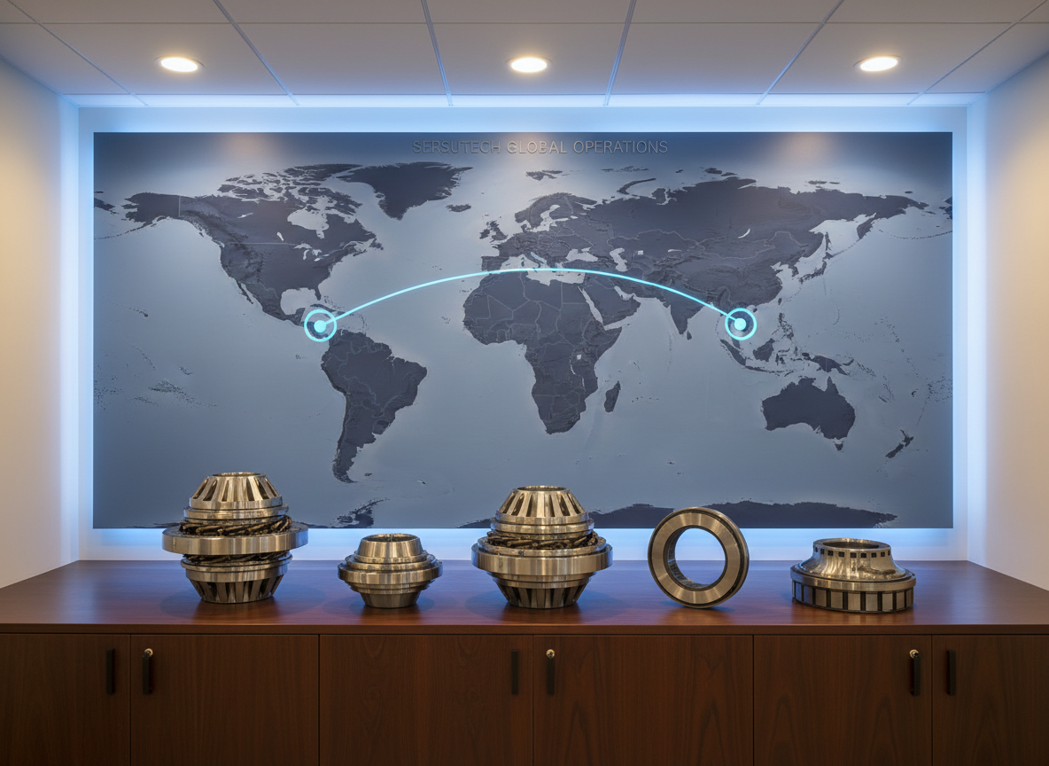 A large, wall-mounted world map graphic in a modern office environment, with Houston and Barcelona highlighted by subtle glowing markers, connected by a fine luminous line. In the foreground, on a sleek dark-wood credenza, several mechanical seals in different configurations are arranged in a deliberate, balanced composition. Photographic realism emphasizes the contrast between polished metals and the matte surface of the furniture. Soft, warm office lighting mixes with cooler accent lights on the map, creating a sophisticated yet technical atmosphere. Shot at eye level with medium depth of field, the background map remains legible but not distracting. The mood is global, strategic, and professional, visually conveying Sersutech’s international presence and engineering coordination between their US and European operations.