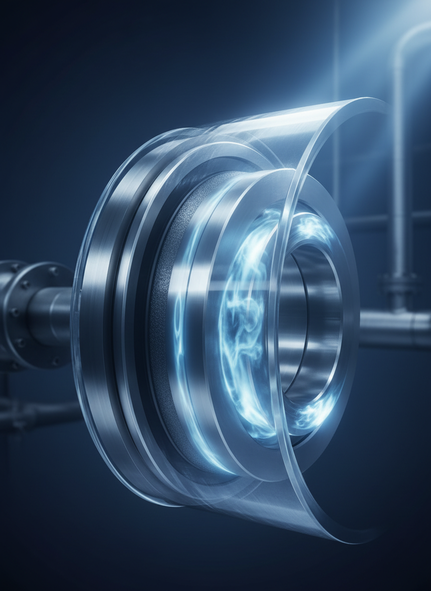 A dramatic close-up of a mechanical seal in simulated operation within a transparent section of rotating equipment, surrounded by a faint, stylized representation of high-pressure fluid. The seal components, rendered in meticulous photographic realism, show polished metal faces and dark carbon elements maintaining perfect contact. Cool, directional lighting from above and behind creates a crisp rim light along the edges and subtle reflections, emphasizing precision under demanding conditions. The background is a soft, deep navy gradient with only hints of industrial context, keeping focus on the seal. Shot from a slightly low, three-quarter angle with a moderate depth of field, the composition feels dynamic and high-tech. The mood is powerful, reliable, and performance-driven, ideal for communicating sealing integrity in extreme industrial applications.