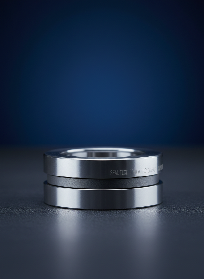 A close-up, photographic realism shot of a precision-engineered mechanical seal assembly made of polished stainless steel and graphite, displayed on a matte dark-grey technical workbench. Fine machining marks and subtle textures on the metal faces are clearly visible, with faint laser-etched specifications on the outer ring. Soft, cool studio lighting from above and slightly to the side creates crisp highlights along the edges and gentle shadows that reveal depth. The background fades into a smooth, out-of-focus gradient in deep blues, suggesting advanced industrial technology. Shot at eye level with a shallow depth of field, the composition is centered and minimal, conveying reliability, engineering excellence, and a clean, professional aesthetic suitable for a high-end industrial sealing technology brand.